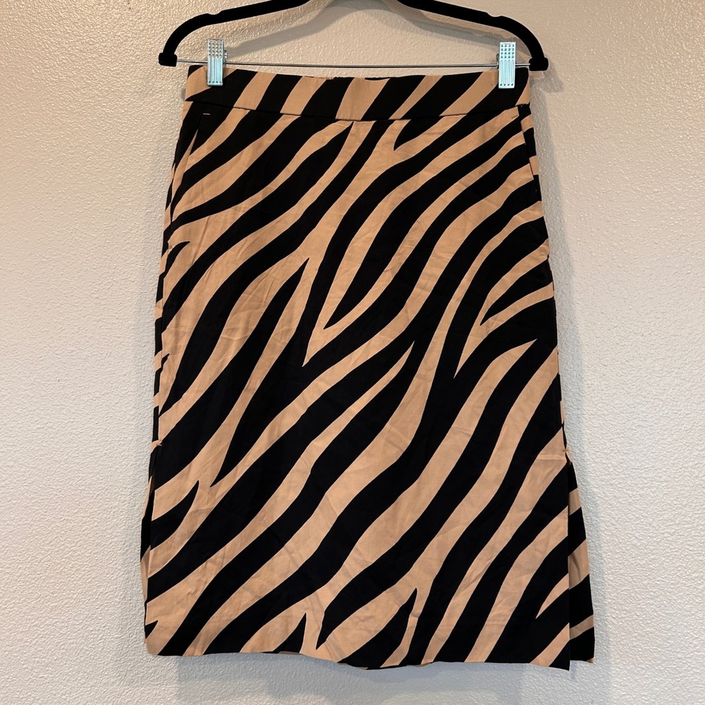 Ann Taylor Zebra Print Midi Skirt Tan Black Elastic Back Pockets Small NWT
